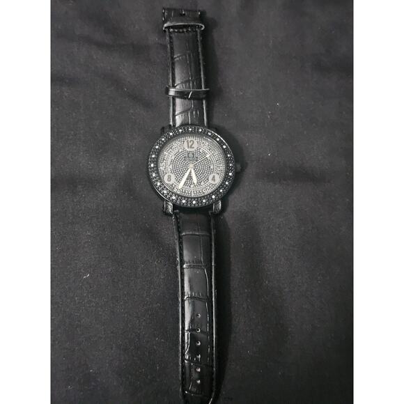 52.8mm black crystal bezel Fashion Analog Quartz watch w/faux Leather Band main image 5
